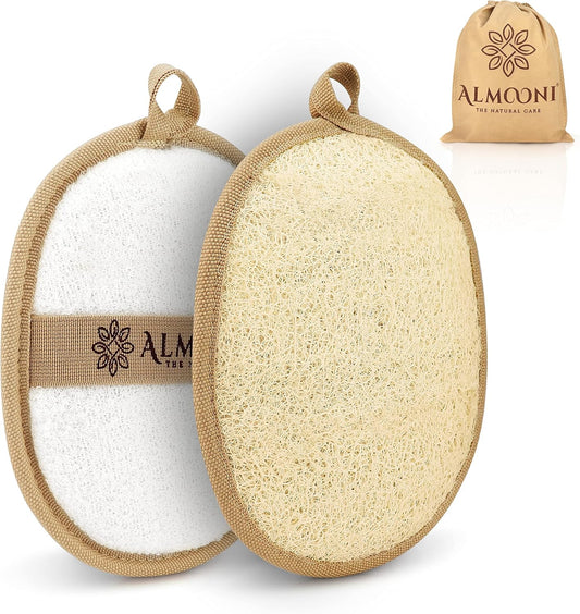 Almooni Natural Loofah Exfoliating Body Scrubber, Shower Sponge 2 Count