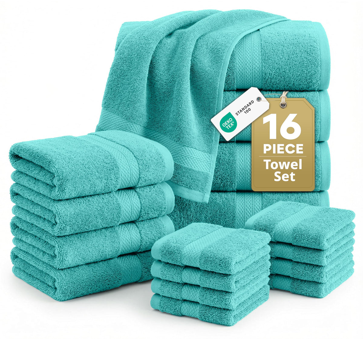 100% Cotton Bath Towels Set Soft Absorbent Quick Dry 16 Piece - Grey