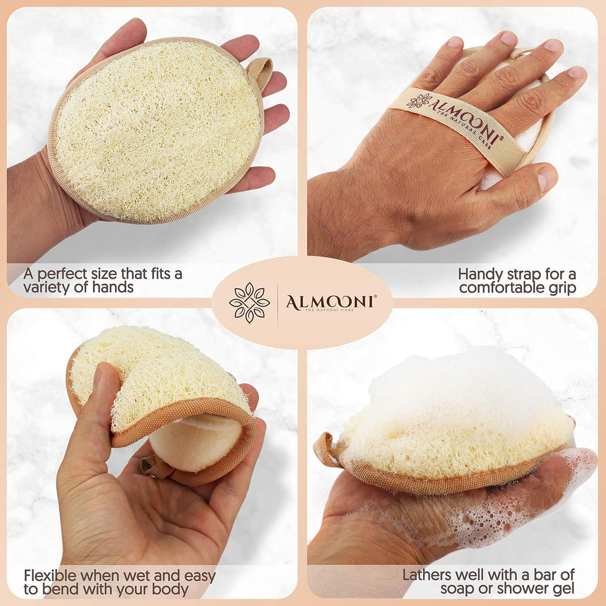 Almooni Natural Loofah Exfoliating Body Scrubber, Shower Sponge 2 Count