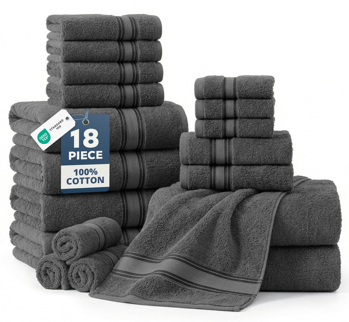 LANE LINEN Bath Towel Set 100% Cotton 18 Piece Soft Absorbent - Grey