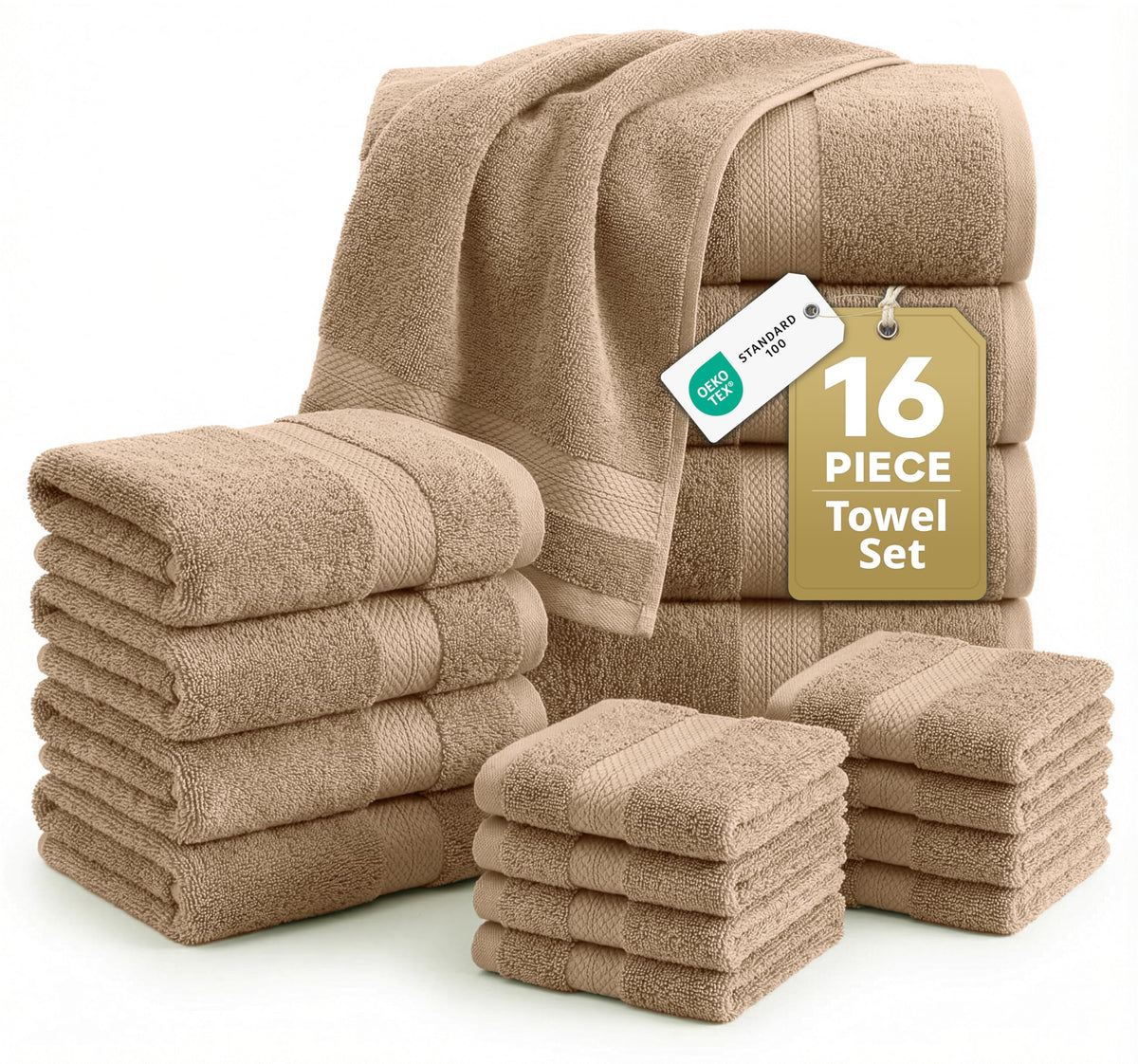 100% Cotton Bath Towels Set Soft Absorbent Quick Dry 16 Piece - Grey
