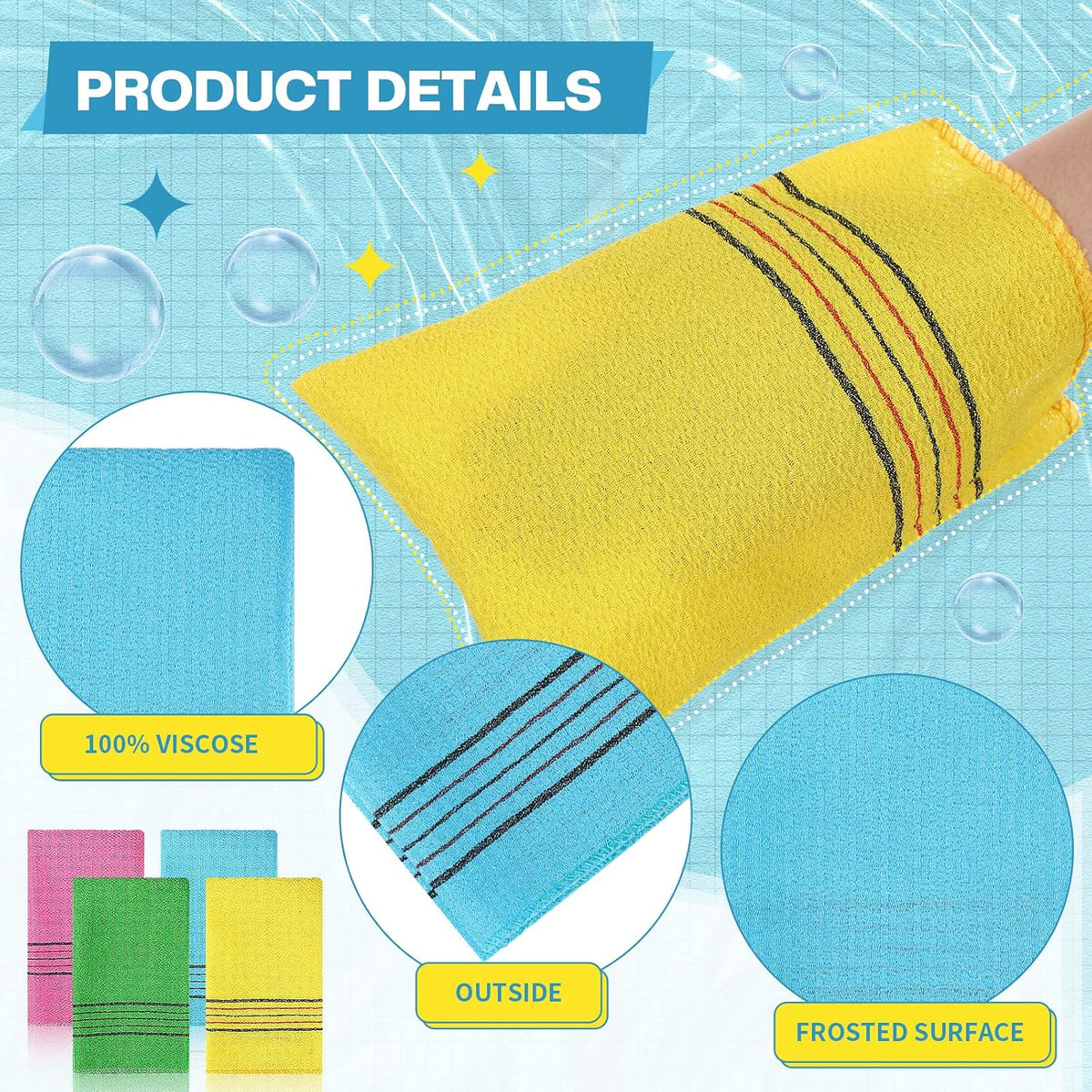 50 Pcs Korean Exfoliating Washcloth Large Size Mitt Scrub Exfoliating Body Scrubber Back and Body Bath Washcloth Reusable for Removing Dry, Green, Blue, Pink, Yellow