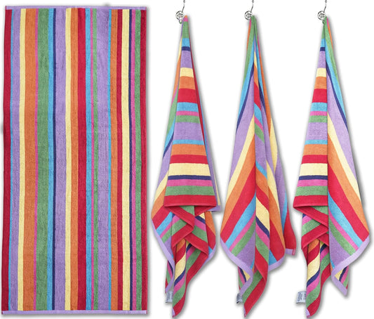 White Classic Cotton Beach Towels Oversized 30 x 60 Inches, Ultra Absorbent and Low Lint Striped Pool Towels for Adults, Unique Rainbow Design Luxury Extra Large Bath Towels, 4 Pack