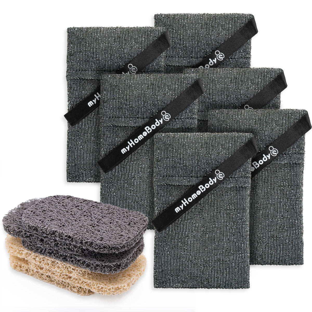 myHomeBody Soap Pocket Exfoliating Pouch, Graphite Gray, 2 pc + 2 Soap Pads