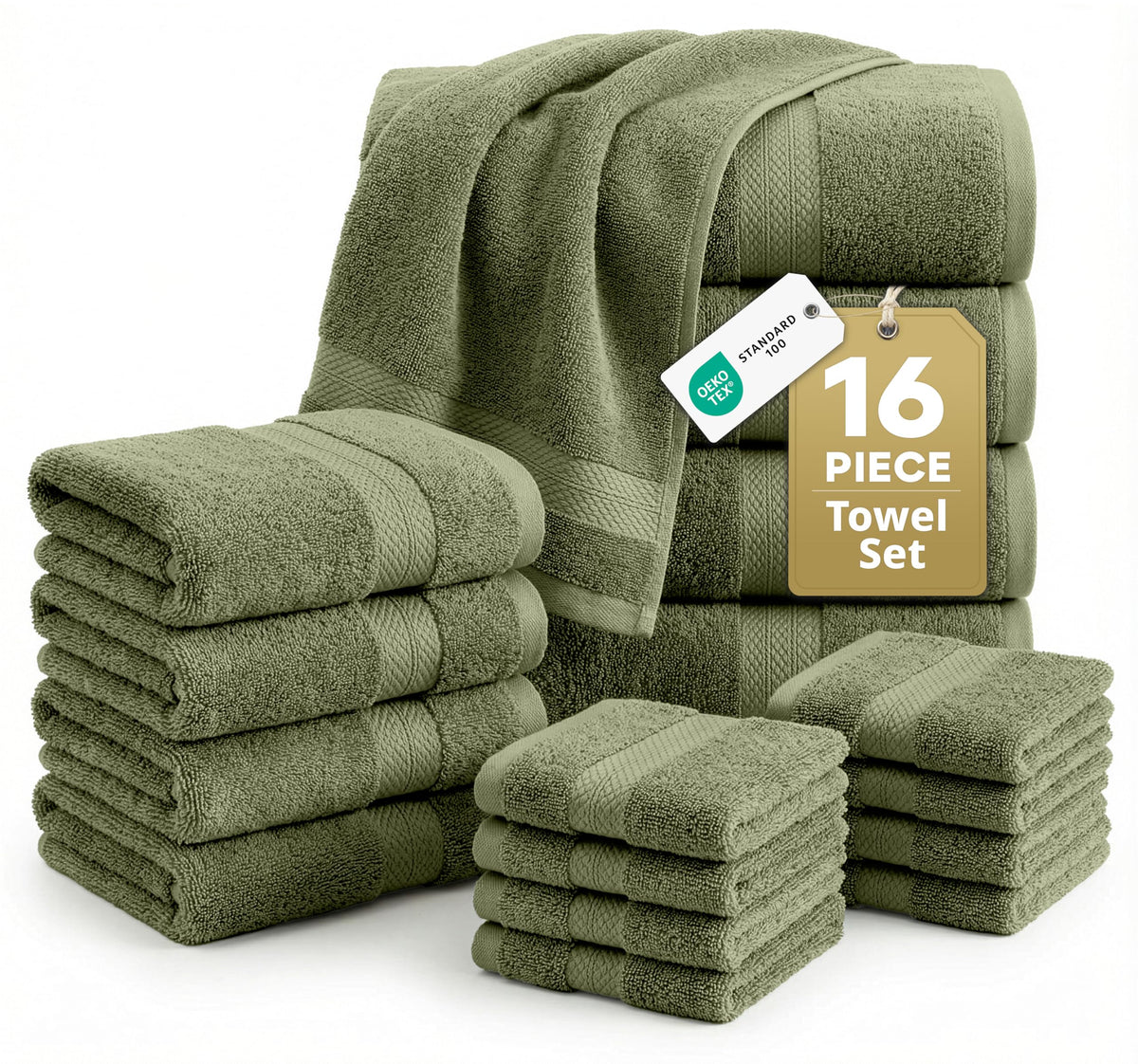 100% Cotton Bath Towels Set Soft Absorbent Quick Dry 16 Piece - Grey