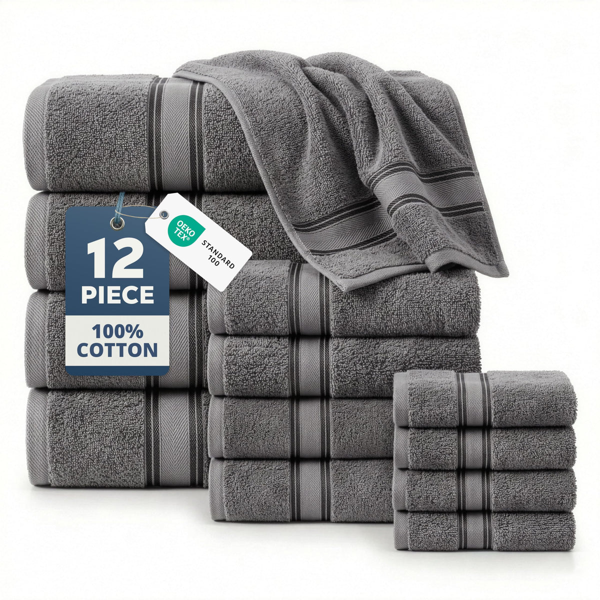 LANE LINEN Bath Towel Set 100% Cotton 18 Piece Soft Absorbent - Grey