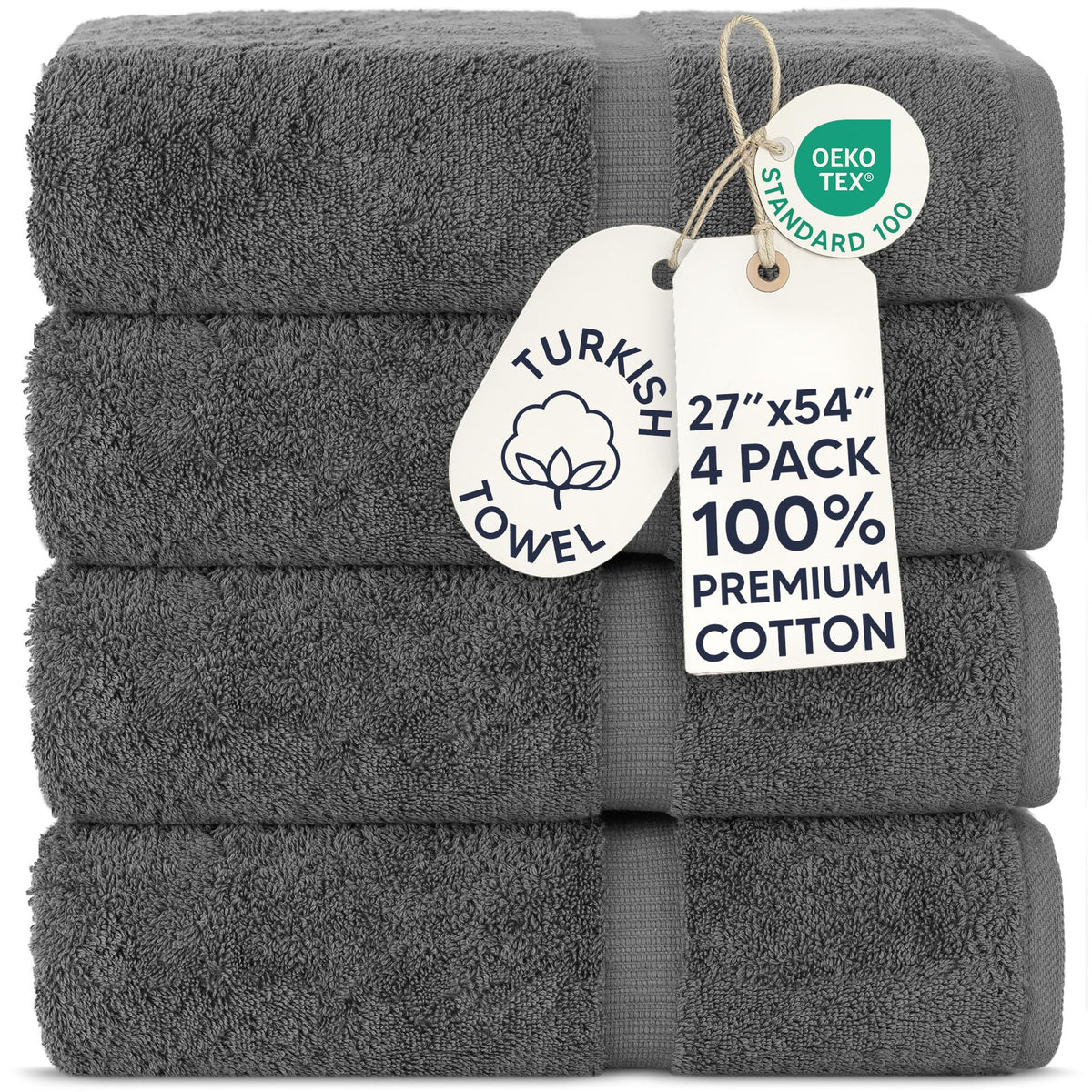 Chakir Turkish Linens 100% Cotton 4-Pack Bath Towels 27x54, Gray
