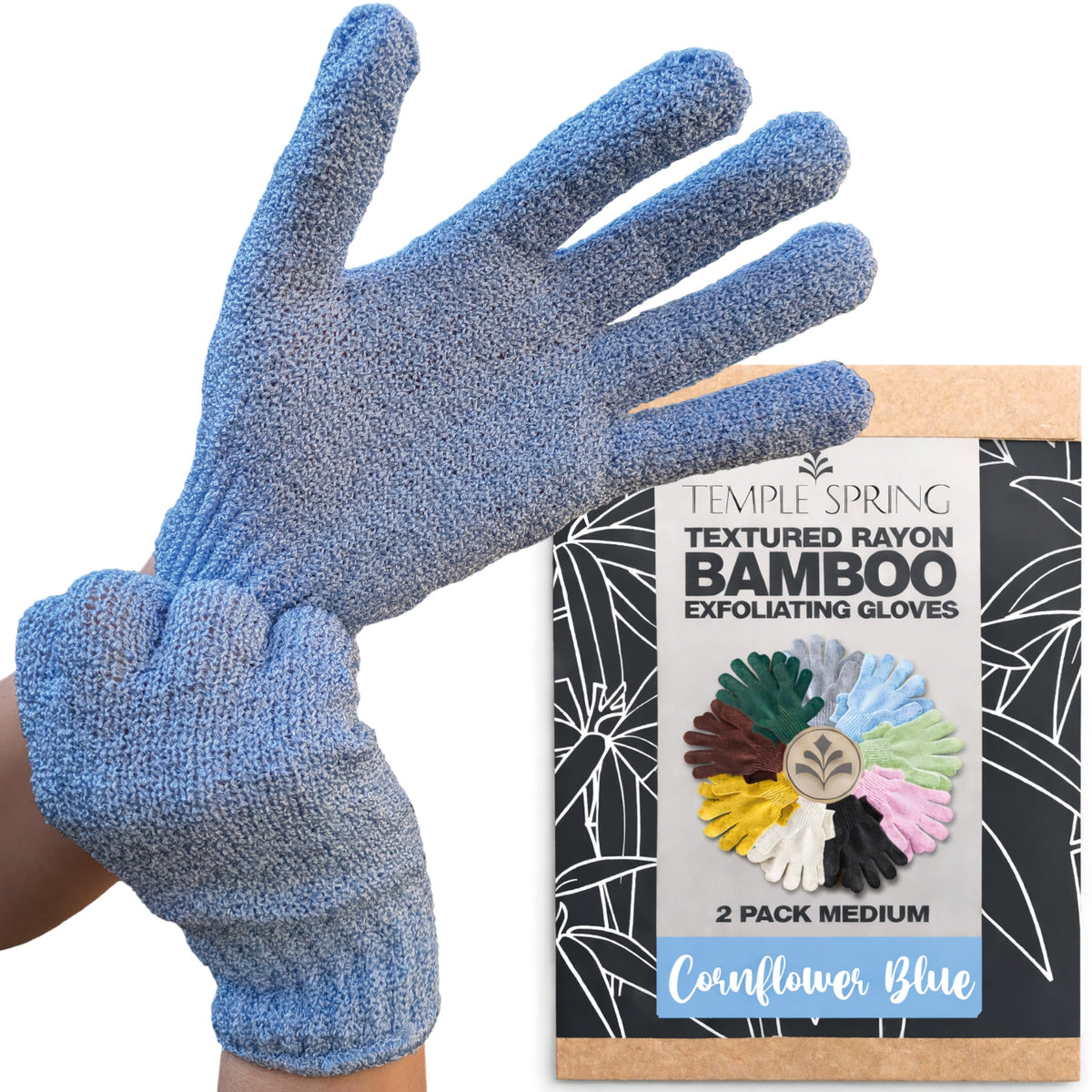 Temple Spring Shower Gloves Exfoliating for Women – Natural Textured Rayon Bamboo Exfoliating Glove with Thicker Weave for Deep Cleansing, Dead Skin Removal & Smooth Radiant Skin (1 Pair, Gray)