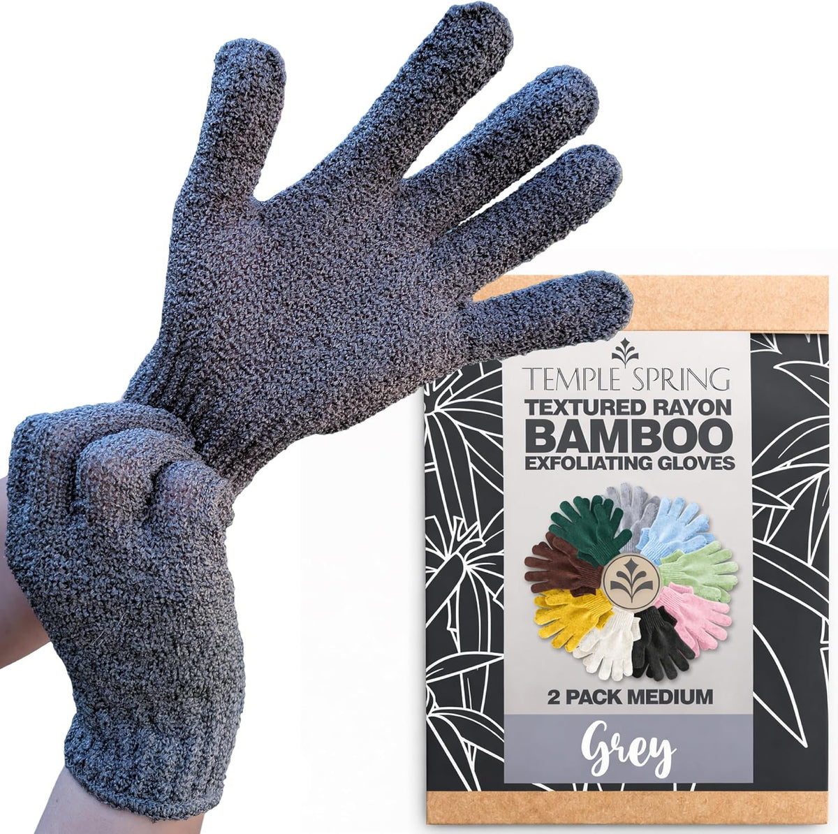 Temple Spring Shower Gloves Exfoliating for Women – Natural Textured Rayon Bamboo Exfoliating Glove with Thicker Weave for Deep Cleansing, Dead Skin Removal & Smooth Radiant Skin (1 Pair, Gray)