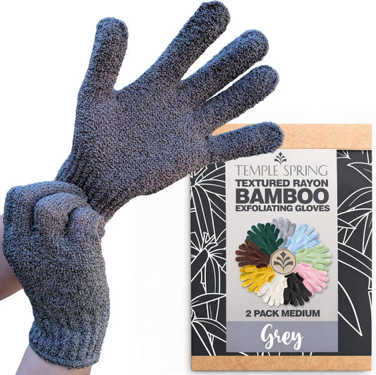 Temple Spring Shower Gloves Exfoliating for Women – Natural Textured Rayon Bamboo Exfoliating Glove with Thicker Weave for Deep Cleansing, Dead Skin Removal & Smooth Radiant Skin (1 Pair, Gray)