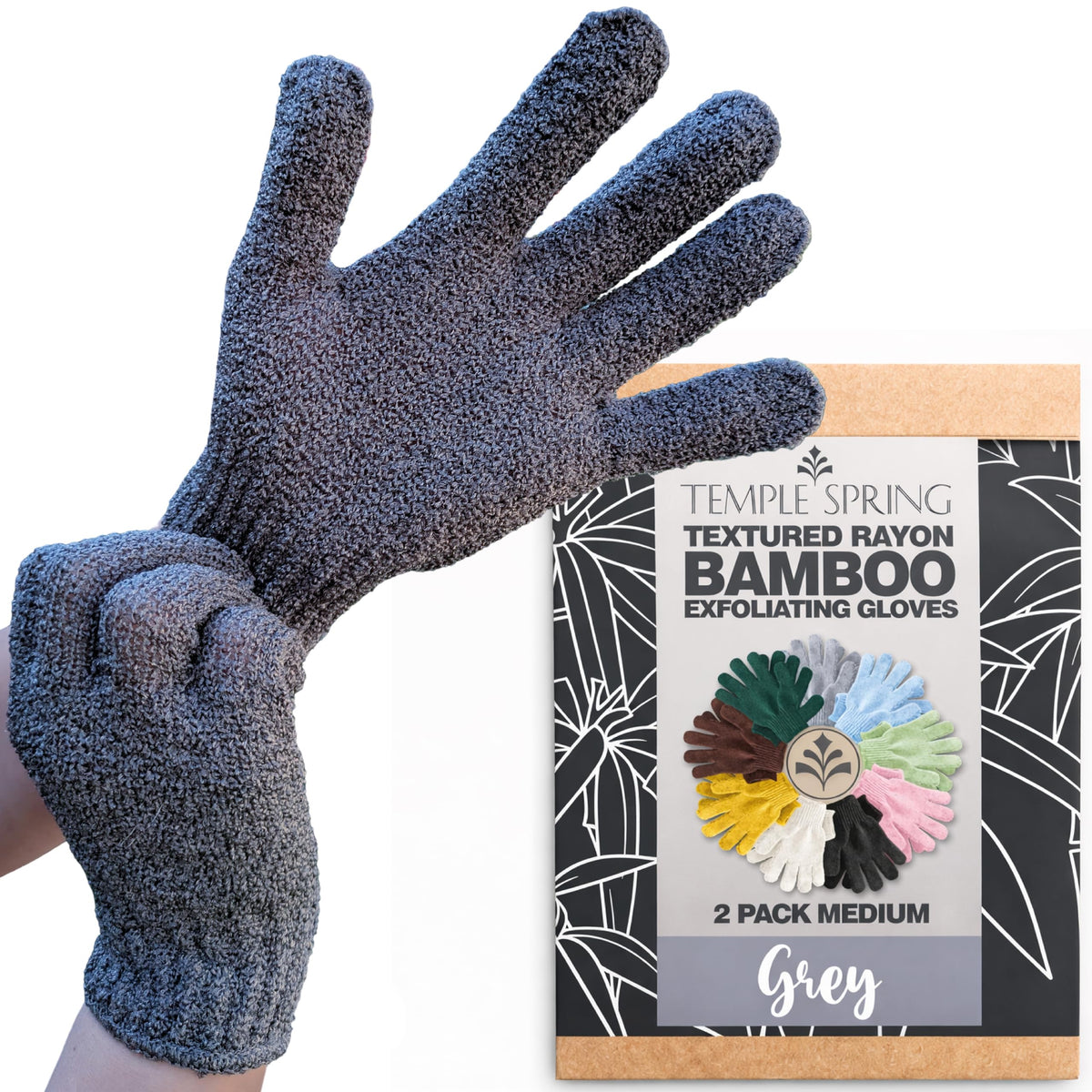 Temple Spring Shower Gloves Exfoliating for Women – Natural Textured Rayon Bamboo Exfoliating Glove with Thicker Weave for Deep Cleansing, Dead Skin Removal & Smooth Radiant Skin (1 Pair, Gray)
