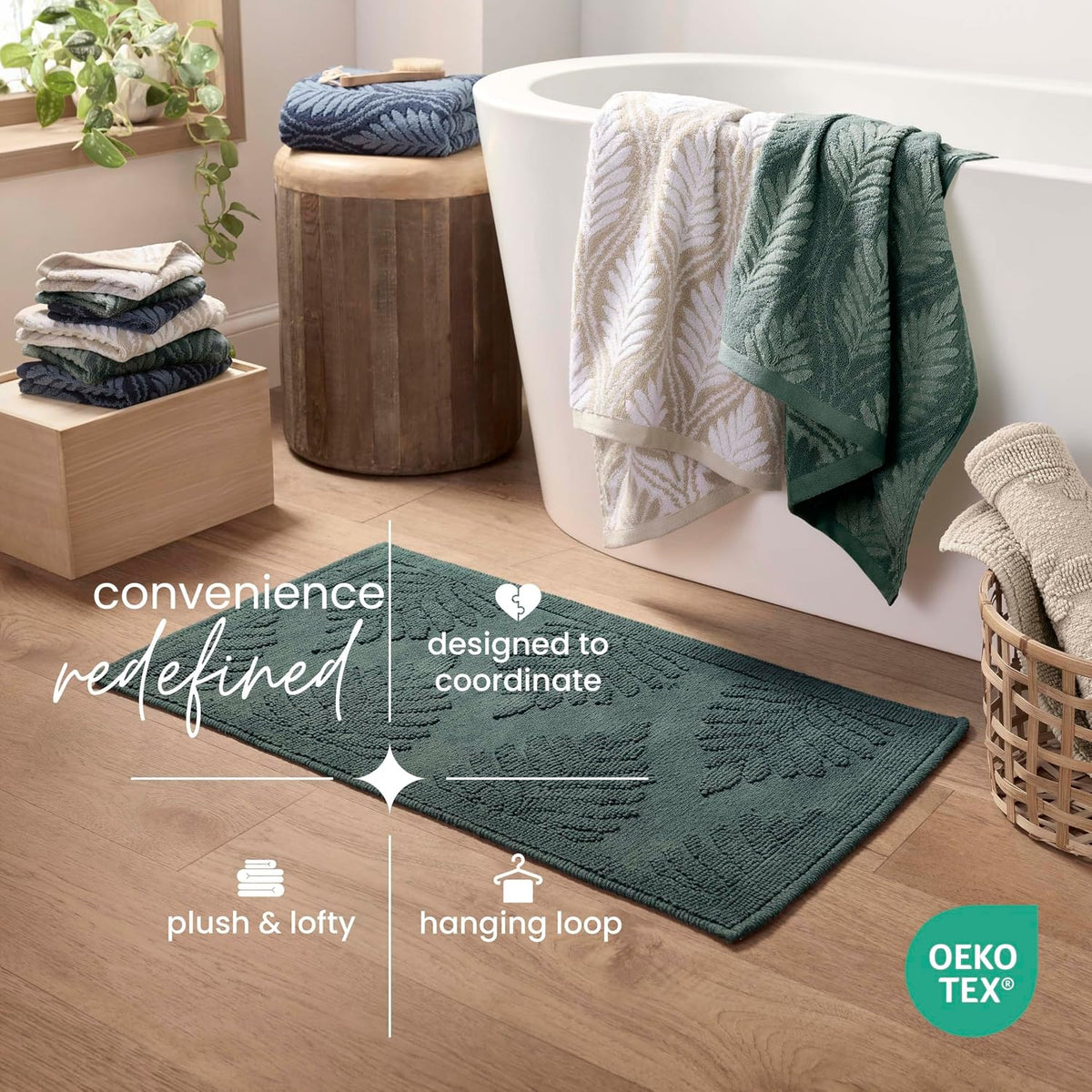 Martex Restore Fern Ogee Bath Towel – Soft, Absorbent, Moisture-Wicking and Quick to Dry – Lightweight for Everyday Use – Comfortable Feel with Convenient Loop for Hanging – 30" x 56" – Jade