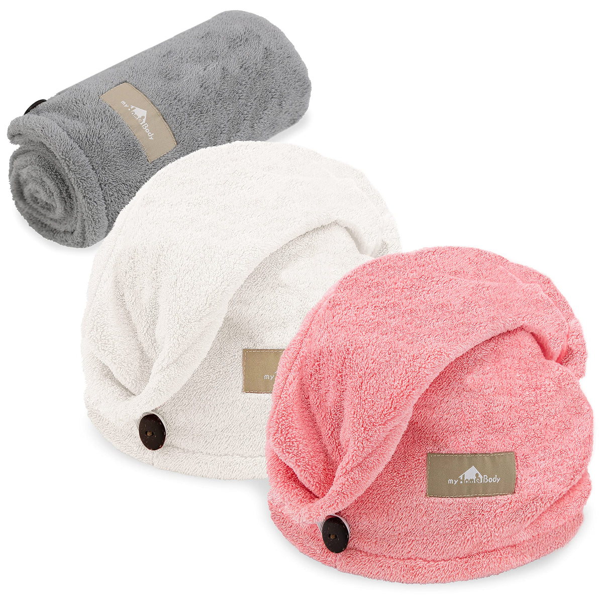 myHomeBody Hair Towel Wrap, Quick Drying Turban, Absorbent Cap – Gray