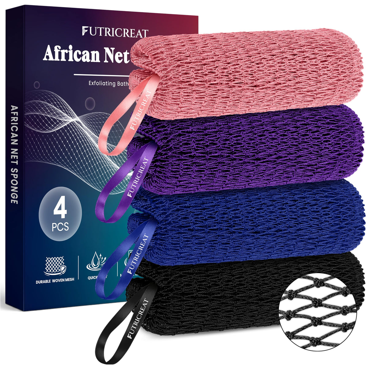 4 Pack African Net Sponge Authentic, Exfoliating Washcloth, Body & Back Scrubber, Better Than Traditional Loofahs, Perfect for Daily Shower & Travel, Pink, Blue, Purple & Green