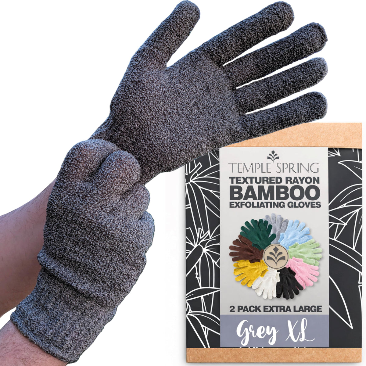Temple Spring Shower Gloves Exfoliating for Women – Natural Textured Rayon Bamboo Exfoliating Glove with Thicker Weave for Deep Cleansing, Dead Skin Removal & Smooth Radiant Skin (1 Pair, Gray)