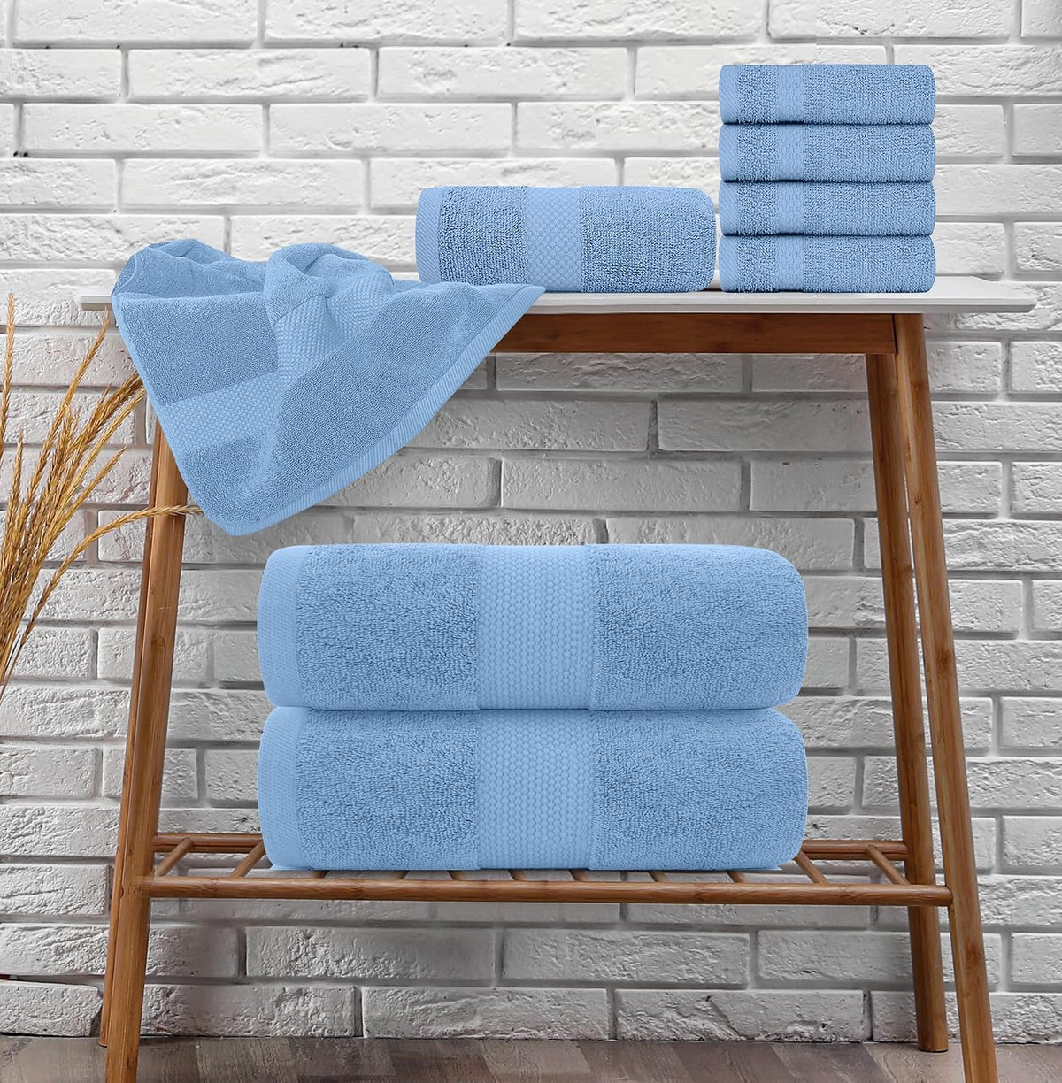 White Classic Luxury Light Blue Bath Towel Set of 8-100% Turkish Cotton