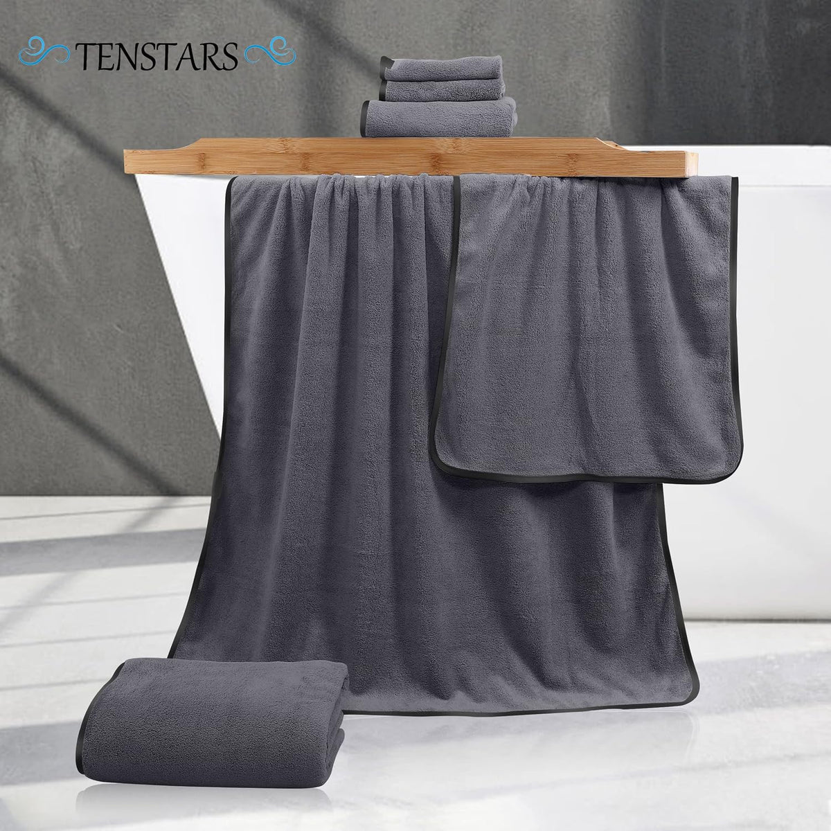 TENSTARS Luxury Silk Hemming Towel Set - Light Thin Quick Drying - 2 Bath Towels 2 Hand Towels 2 Washcloths - Ultra Soft Microfiber, for Bath Fitness, Sports, Yoga, Travel (Dark Grey 6 Pieces)