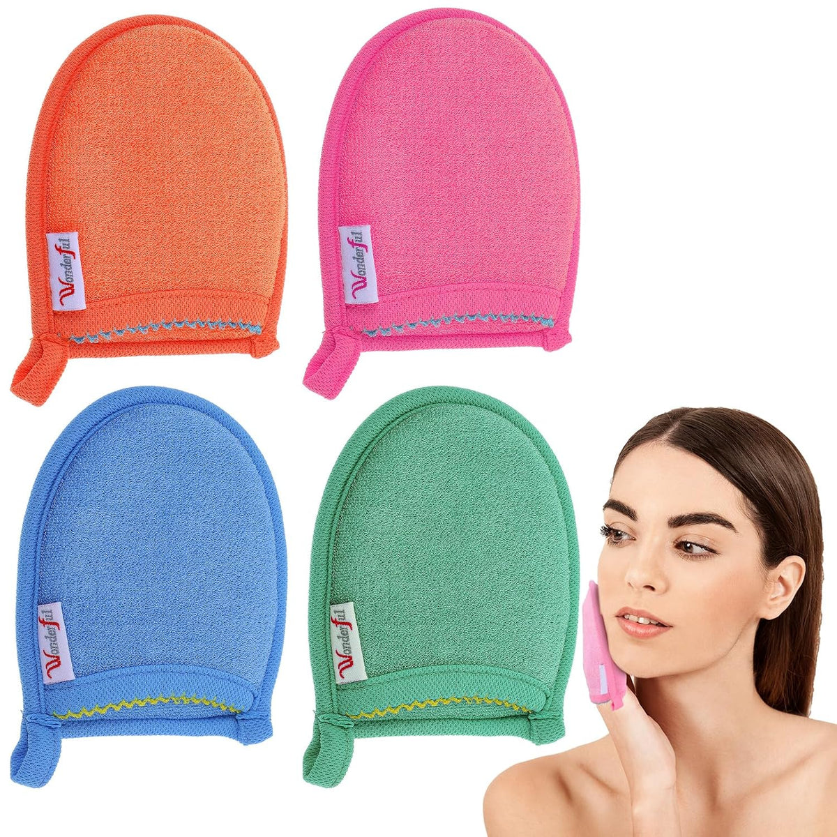 Ptwola 4 Pcs Exfoliating Facial Scrubber Mitt Face Cleanser Wash Mittens Exfoliator Deep Face Cleaning Polishing Gloves Body Skin Dead Dry Remover Pad Tool for Men Women Bath Shower Spa Skincare