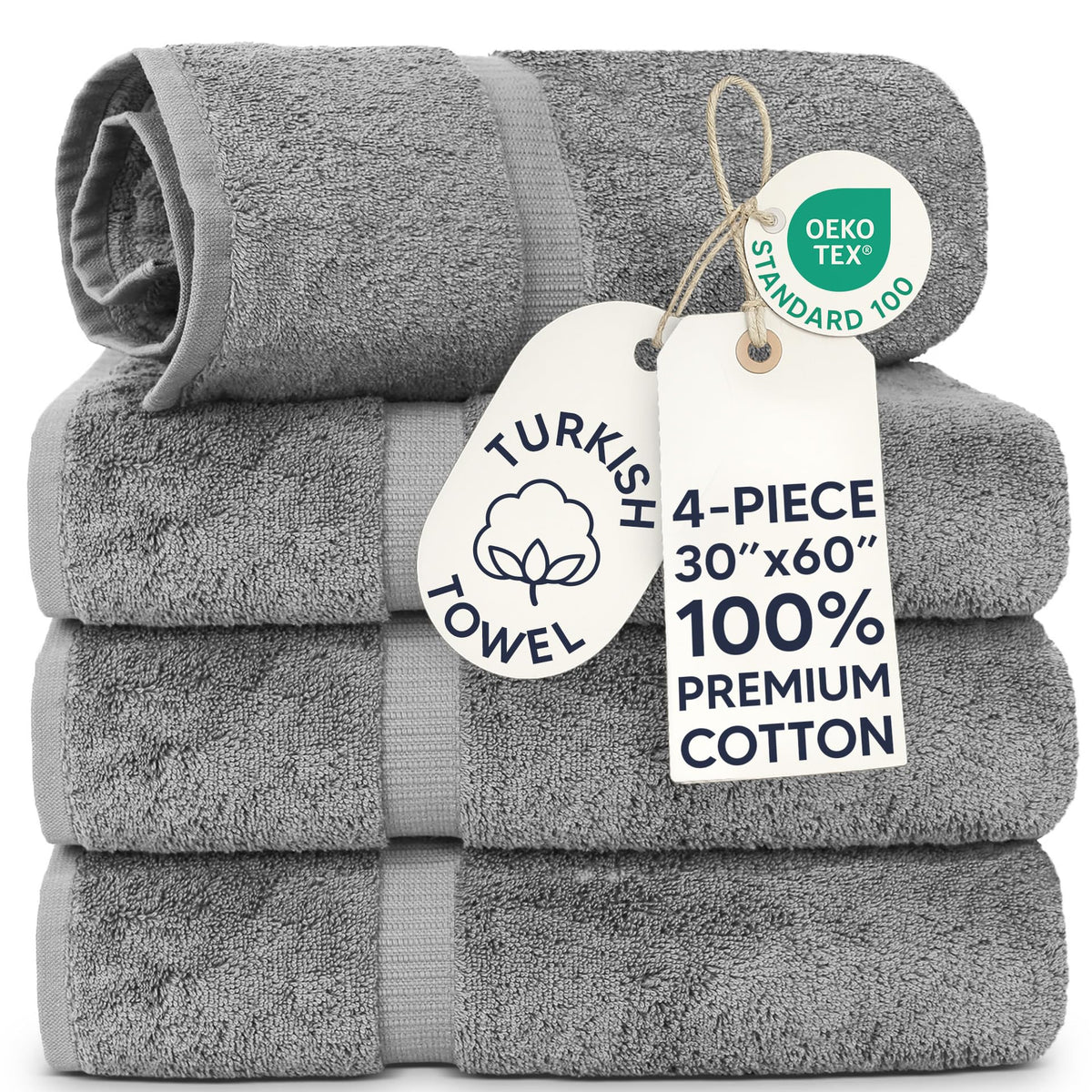 Chakir Turkish Linens 100% Cotton 4-Pack Bath Towels 27x54, Gray