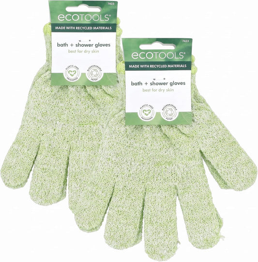 EcoTools Bath & Shower Gloves, Recycled Netting, Exfoliating, Gentle Cleansing for Whole Body, Fits All Hands, Green, 1 Pair