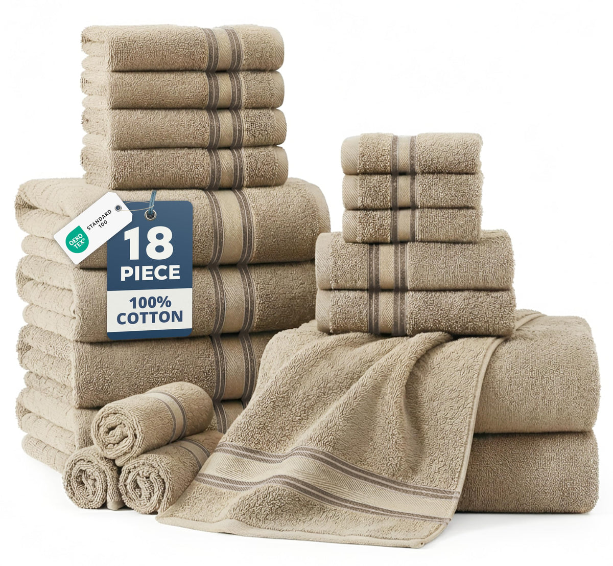 LANE LINEN Bath Towel Set 100% Cotton 18 Piece Soft Absorbent - Grey