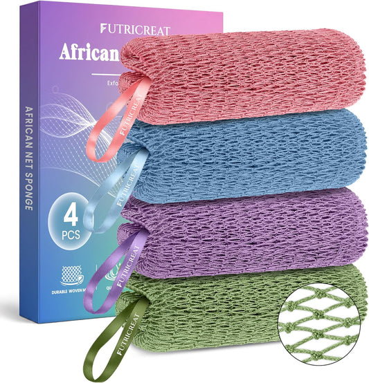 4 Pack African Net Sponge Authentic, Exfoliating Washcloth, Body & Back Scrubber, Better Than Traditional Loofahs, Perfect for Daily Shower & Travel, Pink, Blue, Purple & Green