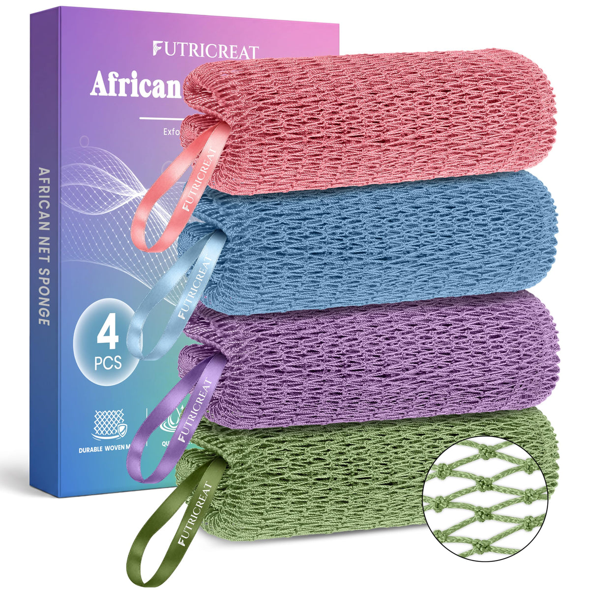 4 Pack African Net Sponge Authentic, Exfoliating Washcloth, Body & Back Scrubber, Better Than Traditional Loofahs, Perfect for Daily Shower & Travel, Pink, Blue, Purple & Green