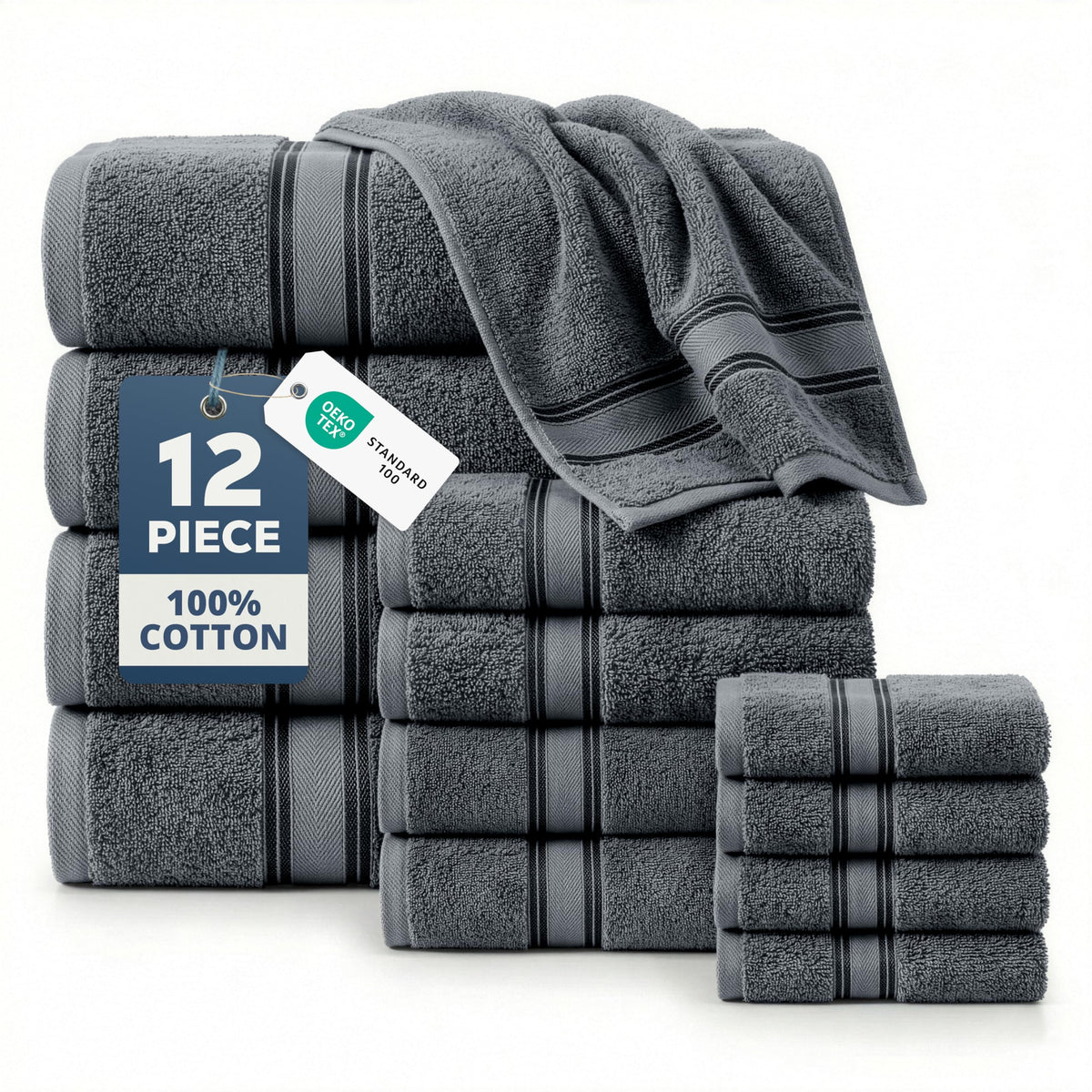 LANE LINEN Bath Towel Set 100% Cotton 18 Piece Soft Absorbent - Grey