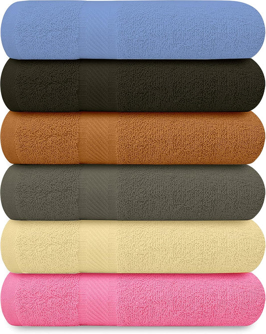 QUBA LINEN 100% Cotton Bath Towels-27x54inch - 6 Pack Shower Towels - Light Weight, Ultra Absorbent Towels for Bathroom (Multi Color)