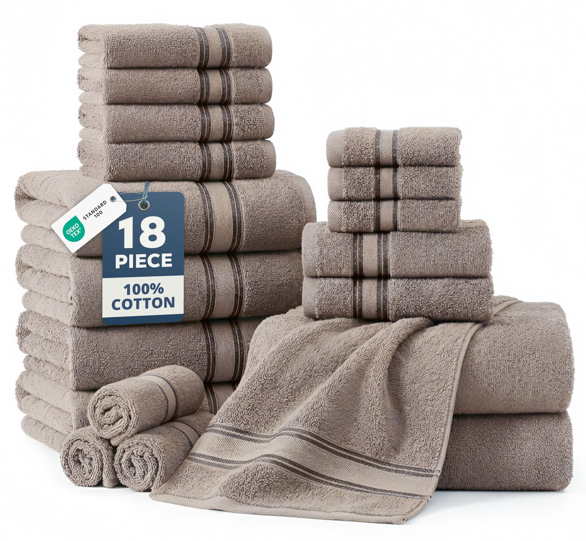 LANE LINEN Bath Towel Set 100% Cotton 18 Piece Soft Absorbent - Grey