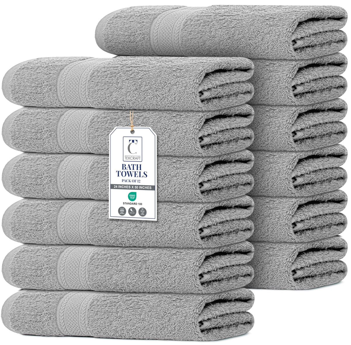 Medium Size Bath Towels Set of 6 – 100% Cotton Terry – 24" x 48" – Quick Dry, Soft & Highly Absorbent – Grey Towels for Bathroom, Gym, Spa, Pool & Daily Use