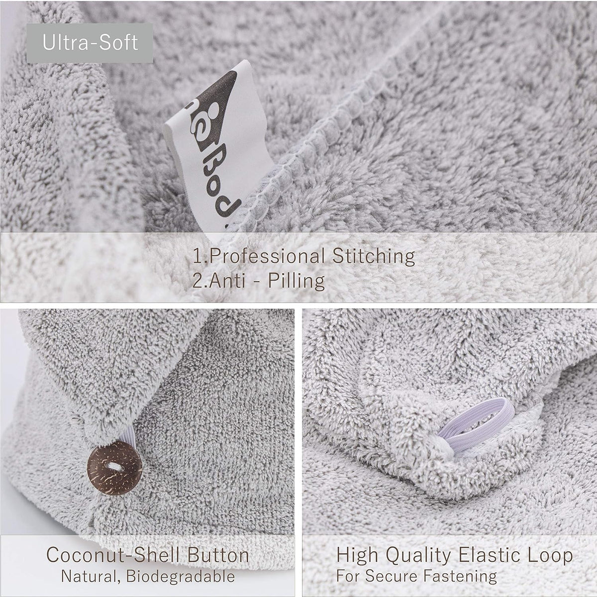 myHomeBody Hair Towel Wrap, Quick Drying Turban, Absorbent Cap – Gray