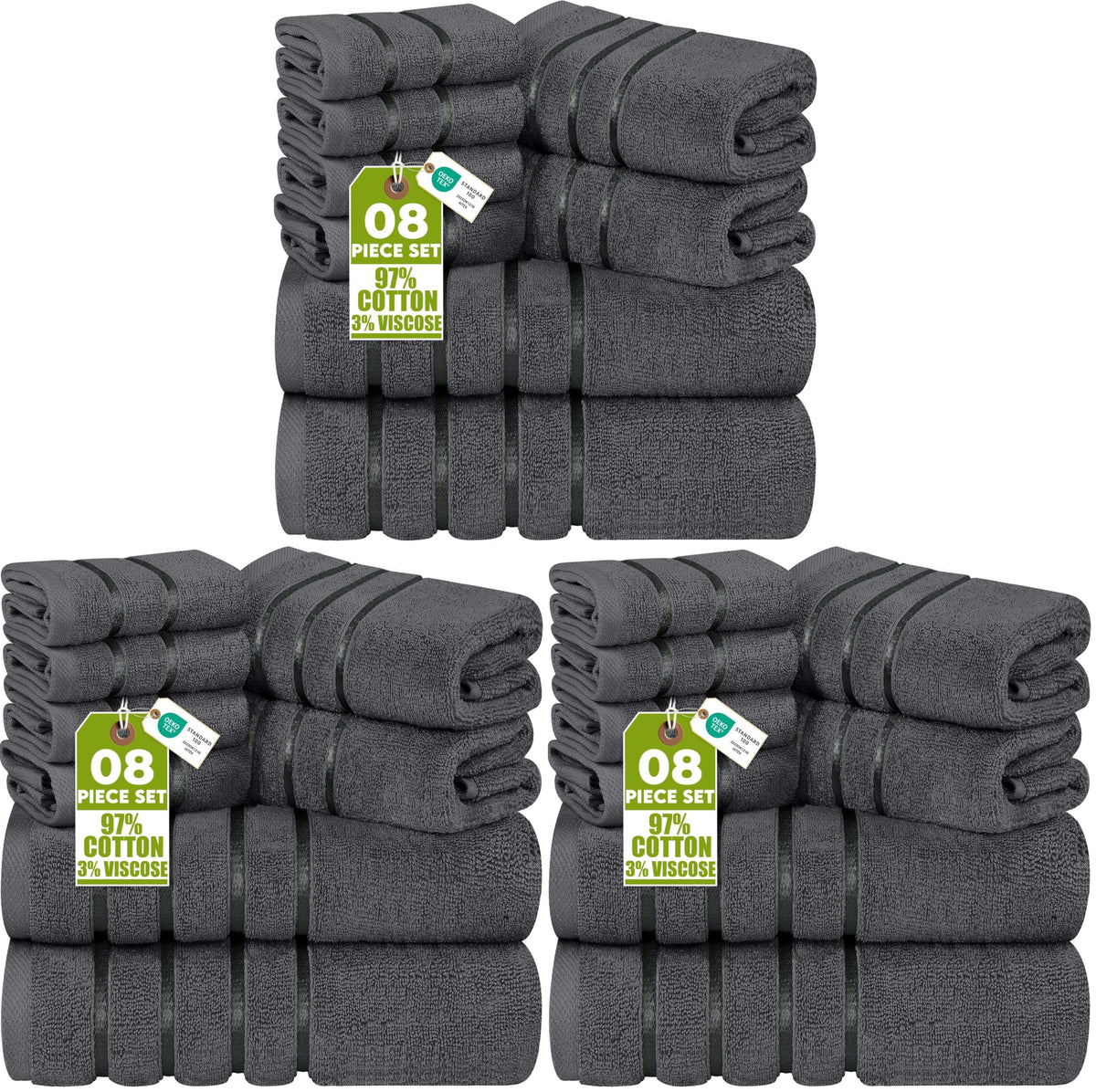 Utopia Towels 8 Piece Luxury Towel Set, 600 GSM, Viscose Stripe, Cool Grey