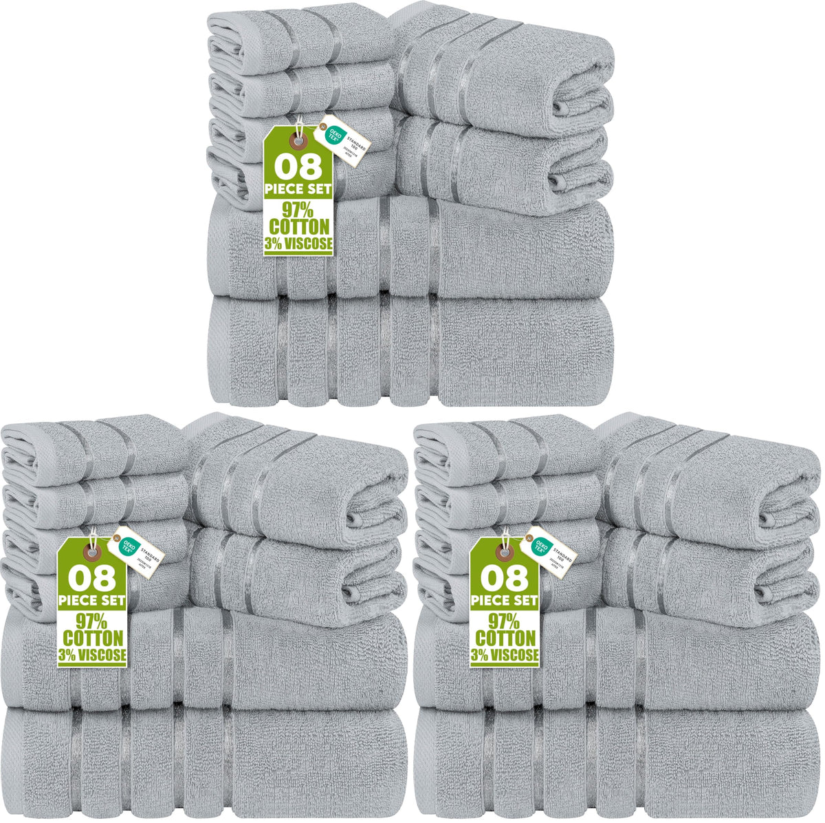 Utopia Towels 8 Piece Luxury Towel Set, 600 GSM, Viscose Stripe, Cool Grey