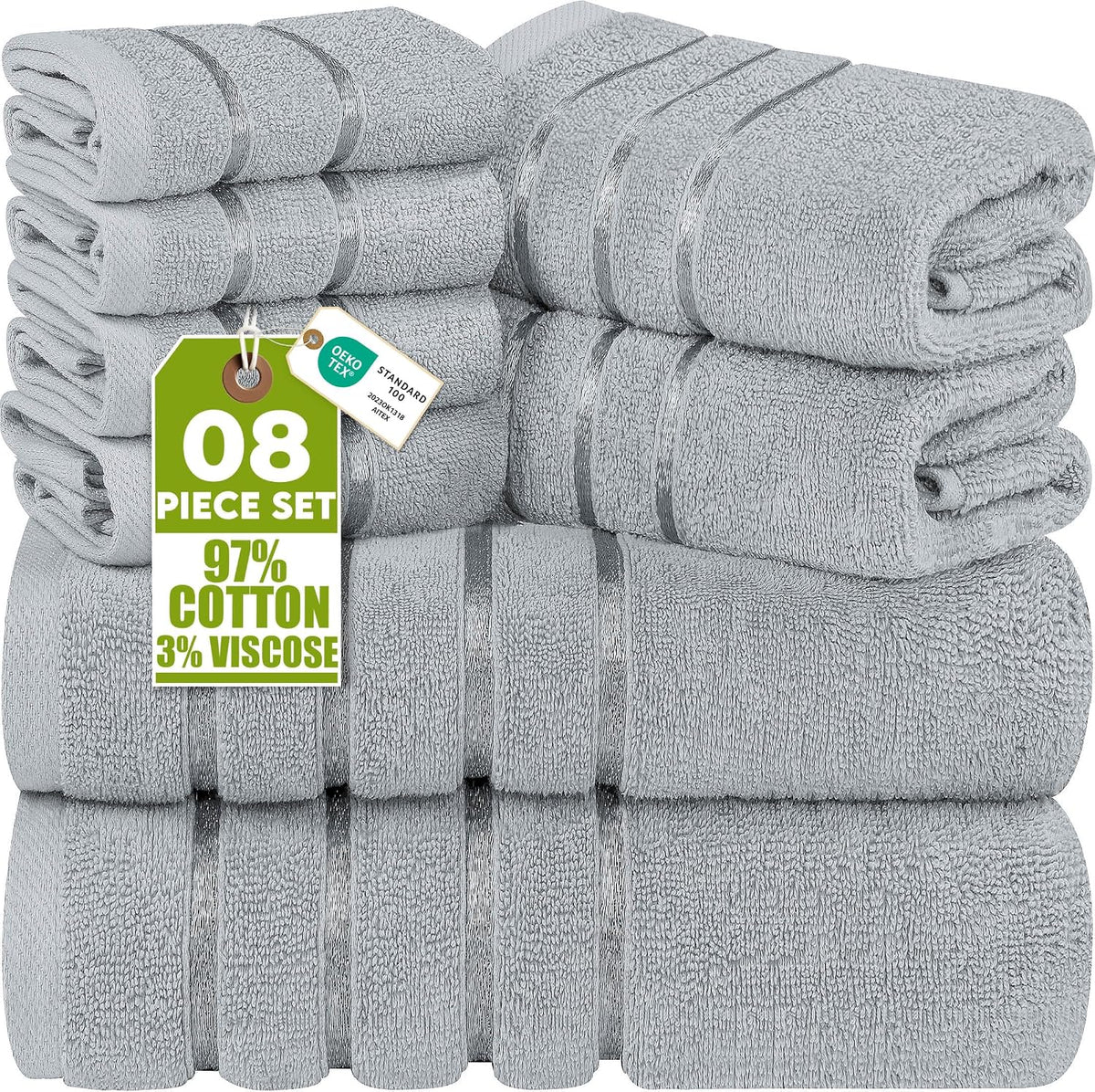 Utopia Towels 8 Piece Luxury Towel Set, 600 GSM, Viscose Stripe, Cool Grey