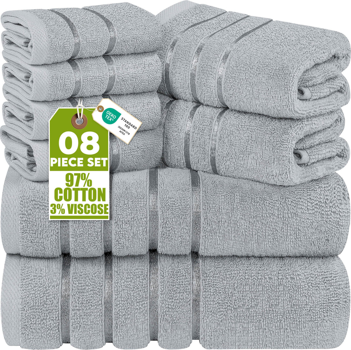 Utopia Towels 8 Piece Luxury Towel Set, 600 GSM, Viscose Stripe, Cool Grey