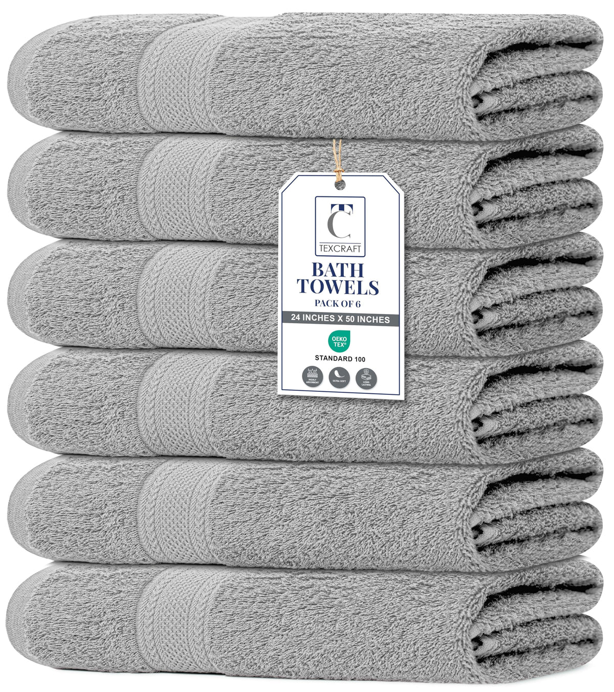 Medium Size Bath Towels Set of 6 – 100% Cotton Terry – 24" x 48" – Quick Dry, Soft & Highly Absorbent – Grey Towels for Bathroom, Gym, Spa, Pool & Daily Use