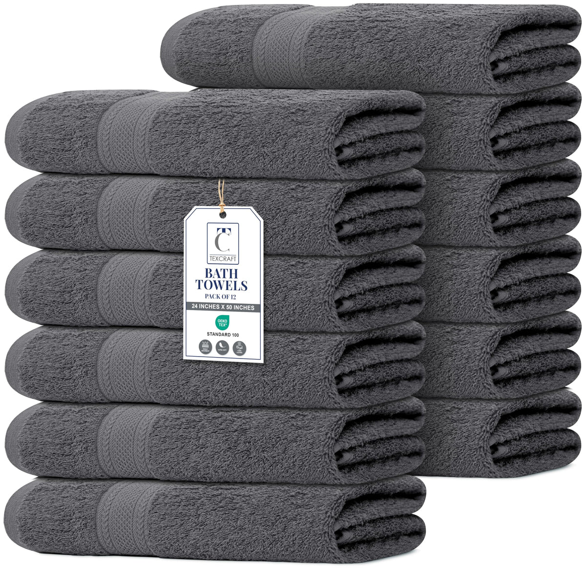 Medium Size Bath Towels Set of 6 – 100% Cotton Terry – 24" x 48" – Quick Dry, Soft & Highly Absorbent – Grey Towels for Bathroom, Gym, Spa, Pool & Daily Use