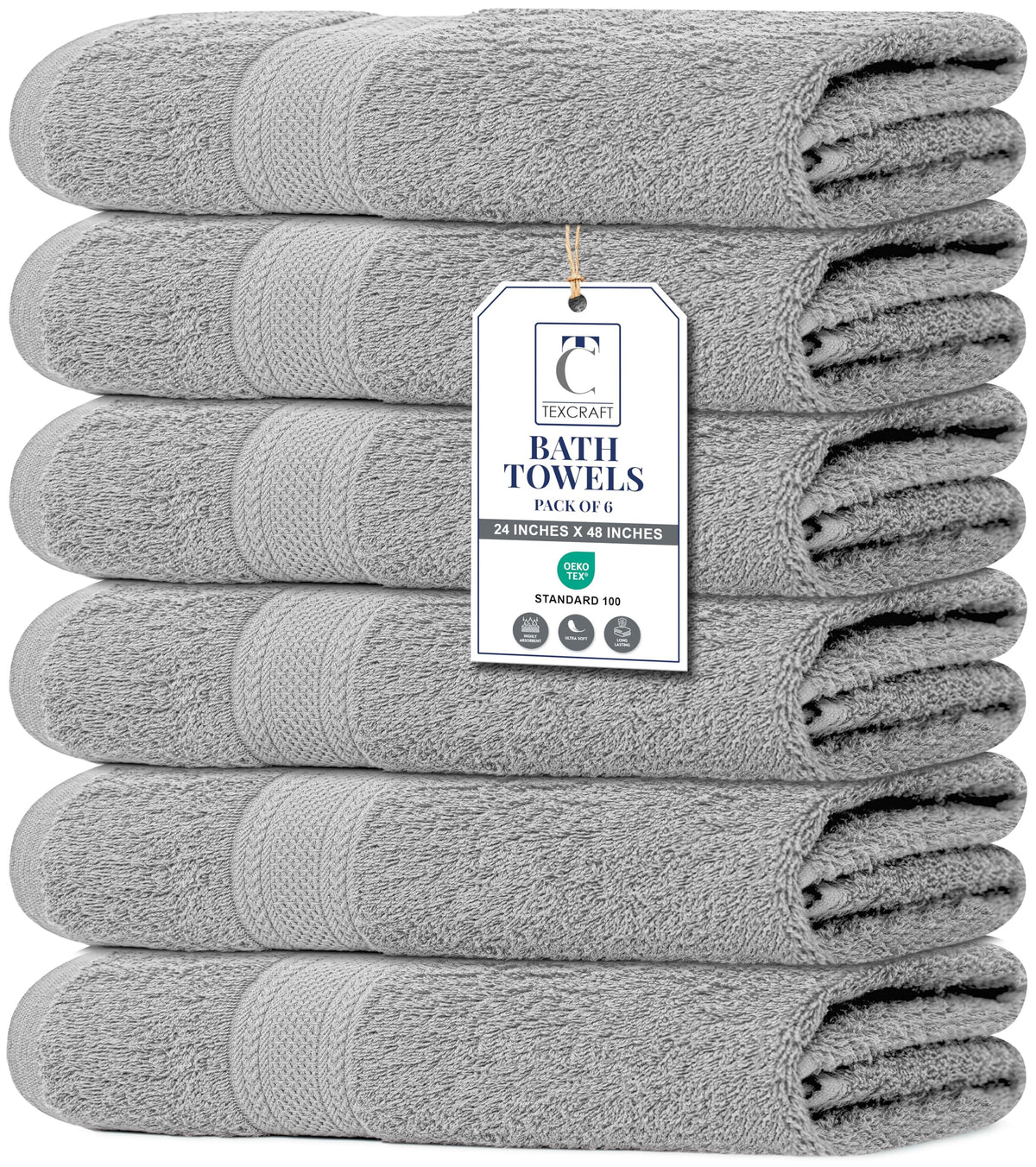 Medium Size Bath Towels Set of 6 – 100% Cotton Terry – 24" x 48" – Quick Dry, Soft & Highly Absorbent – Grey Towels for Bathroom, Gym, Spa, Pool & Daily Use