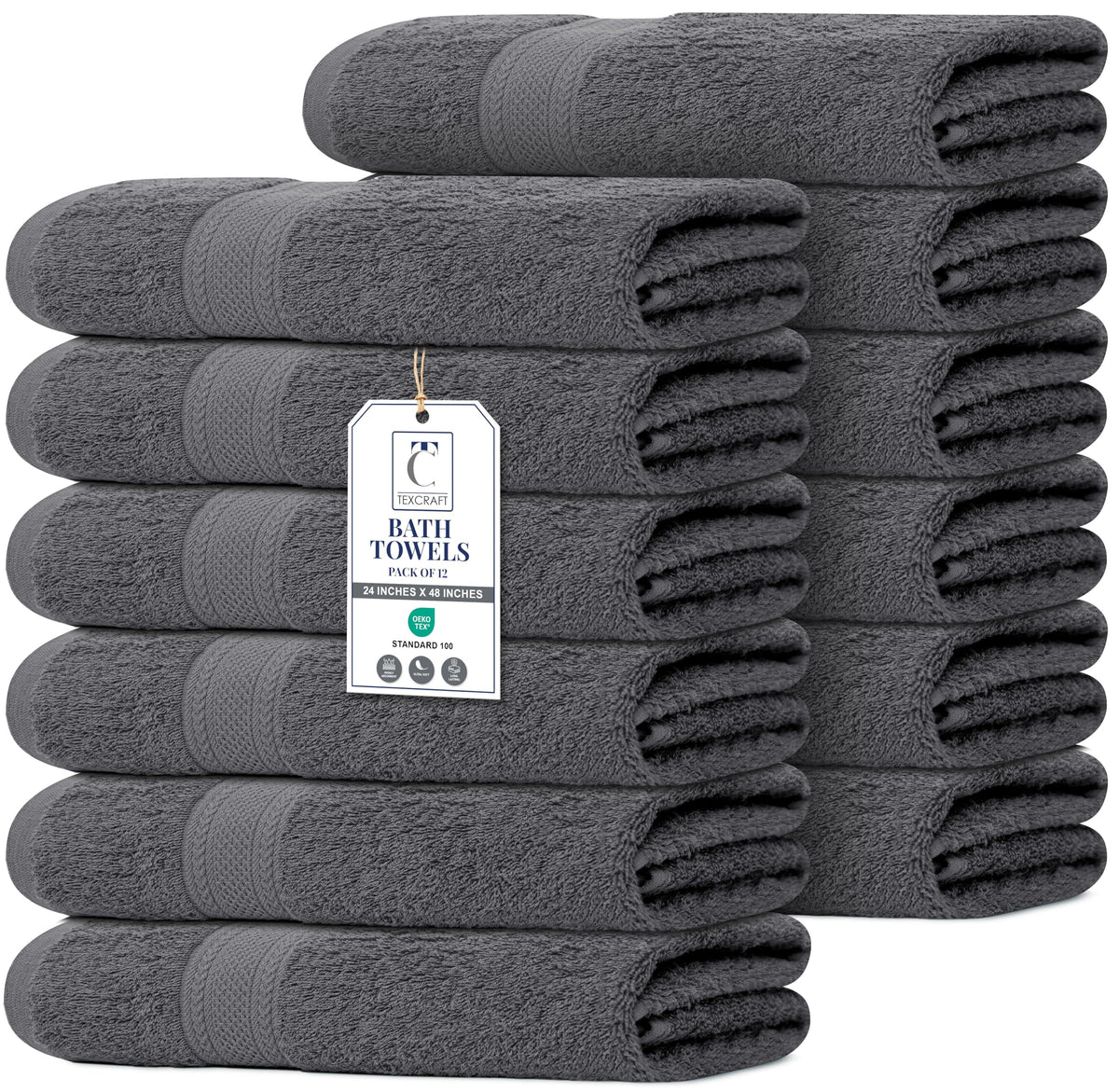 Medium Size Bath Towels Set of 6 – 100% Cotton Terry – 24" x 48" – Quick Dry, Soft & Highly Absorbent – Grey Towels for Bathroom, Gym, Spa, Pool & Daily Use
